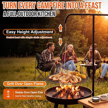 22" Fire Pit Campfire Grill Grate, Hanging Open Fire Cooking Grill Grate Portable Round Camping Cooking Barbecue Rack Heavy-Duty, Easy Setup & Adjustable Height for Outdoor Camping BBQ
