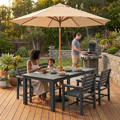 9ft Outdoor Patio Umbrella, Market Table Umbrella with Crank and Easy Push Button Tilt, Wood Grain Frame, UPF 50+ for Pool, Garden, Deck, Backyard