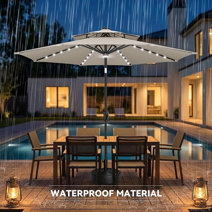 Solar Patio Umbrella Outdoor with Centre Light, 9 ft Taupe | 2 Tiers, 40 LED Lights, UV Protection, Solar Outdoor Umbrella for Porch, Deck, Pool, Garden, Provides Evening Lighting