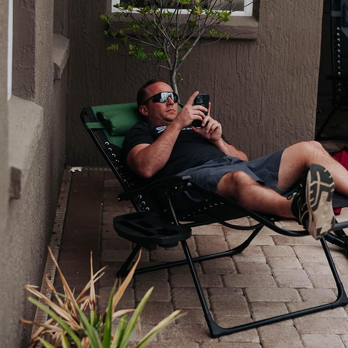 Backyard Expressions Deluxe XL Padded Recliner Zero Gravity Chair – Ergonomic Anti-Gravity Lounger with Folding Design, Side Tray, and Adjustable Headrest