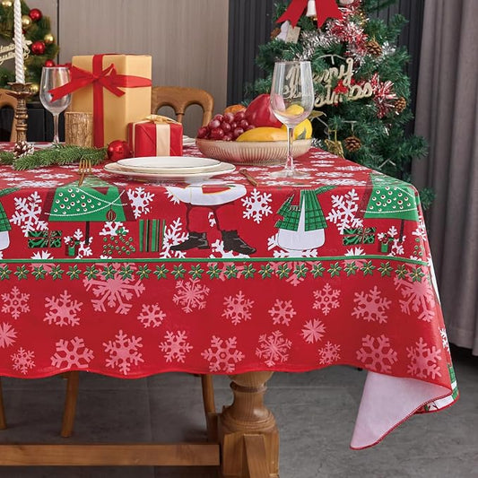 NLMUVW Vinyl Christmas Tablecloth with Flannel Backing 100% Waterproof Rectangle Red PVC Table Cloth Wipe Clean Table Cover for Dining Party Outdoor, Snowflake, 60 X 102 Inch