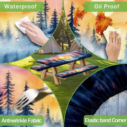 JAWO Picnic Table Cover with Bench Covers, Forest Mountain Camping RV Essentials Gear Supplies Outdoor Camper Waterproof Windproof Tablecloth with Elastic, 90in