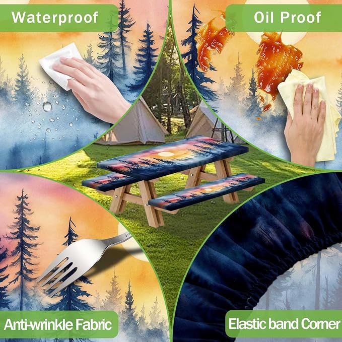 JAWO Picnic Table Cover with Bench Covers, Forest Mountain Camping RV Essentials Gear Supplies Outdoor Camper Waterproof Windproof Tablecloth with Elastic, 72in