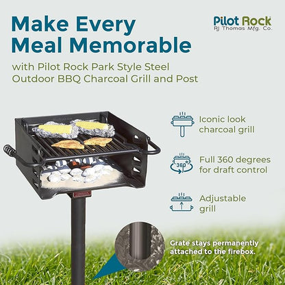 Pilot Rock Park Style Heavy Duty Steel Outdoor BBQ Charcoal Grill with Cooking Grate & 360 Degree Swivel Post for Camping or Backyard, Black (3 Pack)
