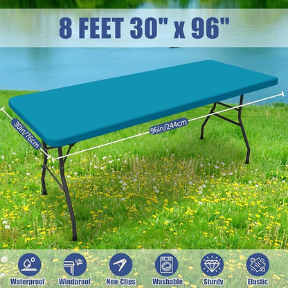 Moosfor Spandex 8 Foot Rectangle Table Cloth, Elastic Fitted Tablecloths for Picnic, Stretch Washable Patio Table Cover for Outdoor, Camping, Banquet and Parties (Turquoise, 30"x96")