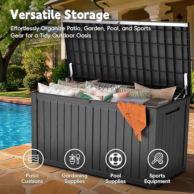 200 Gallon Outdoor Deck Box - Lockable Waterproof Storage Container, Resin Weatherproof Box for Patio Garden Furniture Pool Tools Cushions, Black