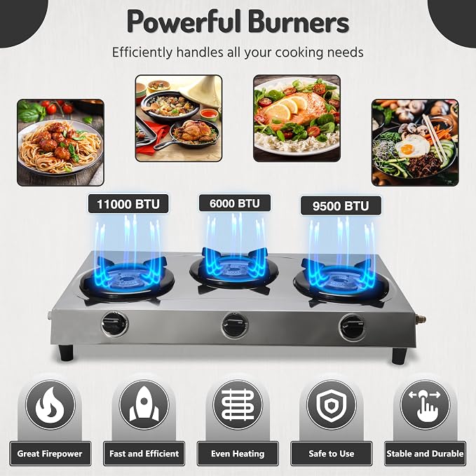 Three Burner Stove Stainless Steel Propane Portable Cooktop Range | Propane Range 3 Burner Cooktop, Indian Style Gas Stove for Outdoor Cooking on 3 Burner Gas Stove Camp Stove