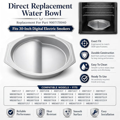 9007170040 Replacement Water Bowl for Masterbuilt 30‑inch Digital Electric Smoker Compatible with Models 20071117, 20071217, 20071218, 20071317, 20071417, 20071517, 20074517 Durable Smoker Accessory