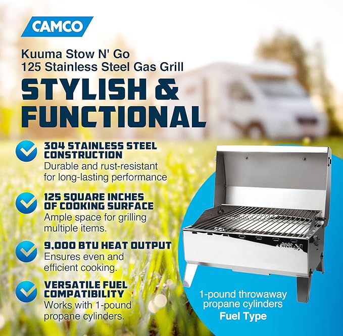 Camco Kuuma Stow N Go 125 Stainless Steel Gas Grill with Latch, Handle, and Pedestal Mount for Patio, Lawn, and Garden, Silver