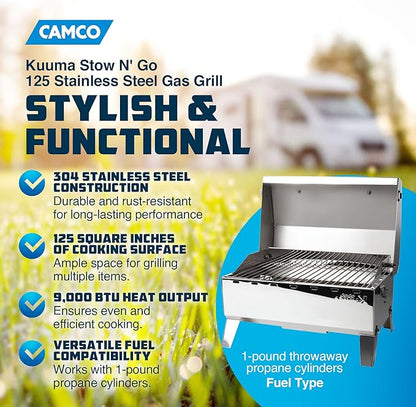 Camco Kuuma Stow N Go 125 Stainless Steel Gas Grill with Latch, Handle, and Pedestal Mount for Patio, Lawn, and Garden, Silver
