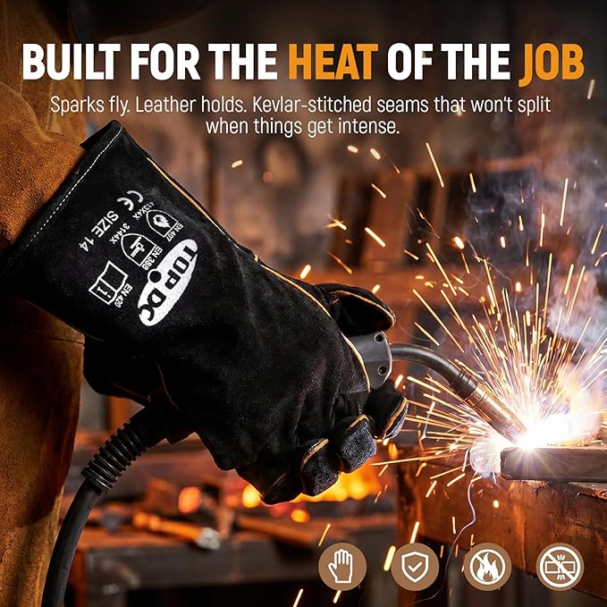 TOPDC Welding Gloves 14 Inch, 482°F Heat Resistant Leather Gloves for Fireplace BBQ Grill Fire Pit Campfire Wood Stove, Kevlar Stitching CE Certified, MIG Stick Forge Furnace Oven Animal Handling