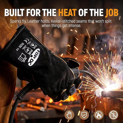 TOPDC Welding Gloves 14 Inch, 482°F Heat Resistant Leather Gloves for Fireplace BBQ Grill Fire Pit Campfire Wood Stove, Kevlar Stitching CE Certified, MIG Stick Forge Furnace Oven Animal Handling