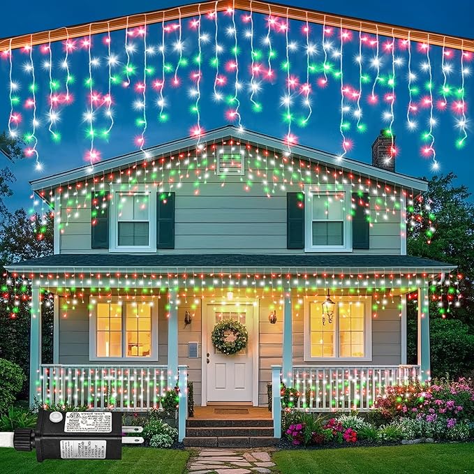 66ft Icicle Lights for Outside, Red White and Green Christmas Lights Outdoor Indoor, 640 LED Twinkle String Light with 120 Drops, Clear Wire Connectable Timer for Thanksgiving Room Home Wall Bedroom