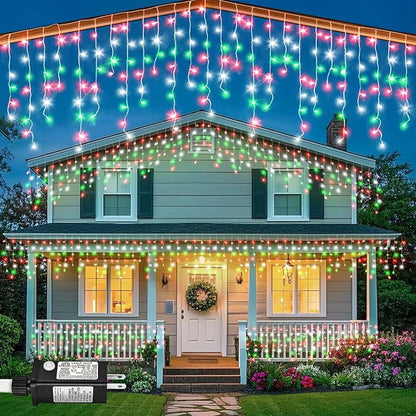 66ft Icicle Lights for Outside, Red White and Green Christmas Lights Outdoor Indoor, 640 LED Twinkle String Light with 120 Drops, Clear Wire Connectable Timer for Thanksgiving Room Home Wall Bedroom