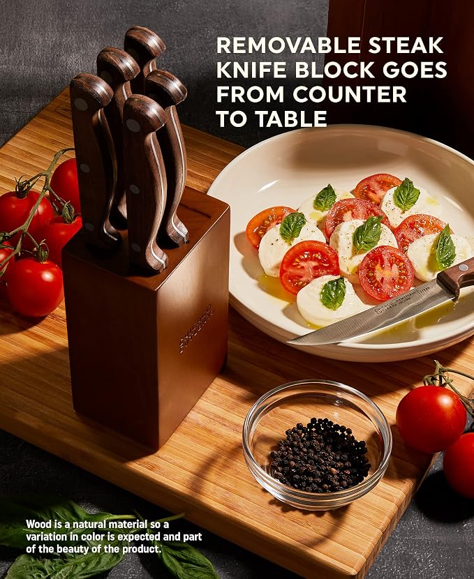 Chicago Cutlery Racine 12-PC Kitchen Knife Wood Block Set, Stainless Steel Knife Block Set, Steak Knives, Serrated, Chef, Utility, and Paring Knife, Removable Steak Knife Block, Walnut Handle