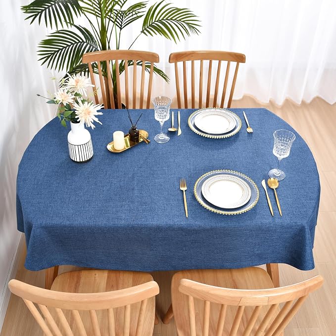 Wolkemer Faux Linen Small Oval Tablecloth 52x70 Inch Navy Blue Table Cloth | Heavy Duty Wrinkle Resistant Fabric Table Cloth, Farmhouse Rustic Oval Table Cover for Kitchen Dining Indoor Outdoor Tabletop