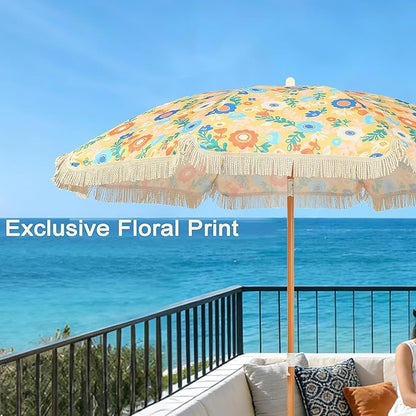 Seazul 5.2ft Patio Umbrella with Fringe, Beach Umbrella, Fringe Umbrella Outdoor Patio, Tilting Steel Pole, UV 50+, Fiberglass Ribs, Floral