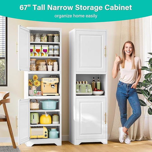 SISESOL 67" Tall Narrow Storage Cabinet with 2 Door and 7 Shelves,Slim Kitchen Pantry Cabinet,White Metal Bathroom Cabinets,Large Cupboard for Home,Kitchen,Laundry,Bathroom
