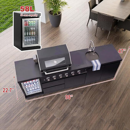 Outdoor Kitchen Island Barbecue Grill with Refrigerator & Rotisserie, Heavy-Duty Stainless Steel Freestanding Grills Station, Weather-Resistant Cooking Cabinet for Backyard & Summer Propane Gas