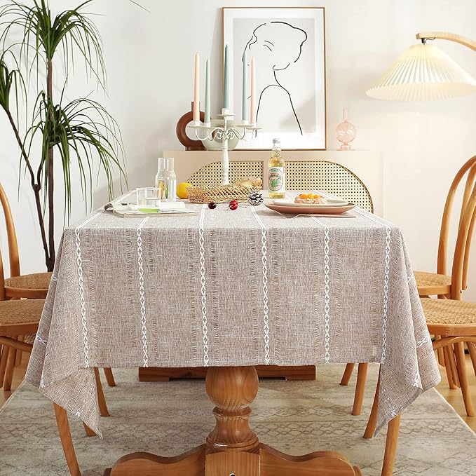 Chassic Rectangle Tablecloth 54 x 72 Inch, Farmhouse Boho Linen Table Cloths, Wrinkle Free & Washable Tablecloths for Small Dining Tables, Neutral Kitchen & Dining Decor – Hemstitch Light Coffee