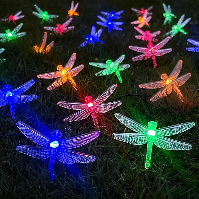 Solar Dragonfly String Light 30LED 21ft Garden Stake Lights Waterproof Outdoor Twinkle Fairy Lights with 8 Lighting Modes for Trees Patio Fence Christmas Decor (Multi-Colored)