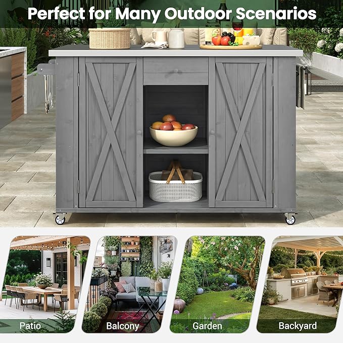 Outdoor Kitchen Island 52.25" W x 28.75" D x 36.25" H Solid Fir Wood with Stainless Steel Top Grey