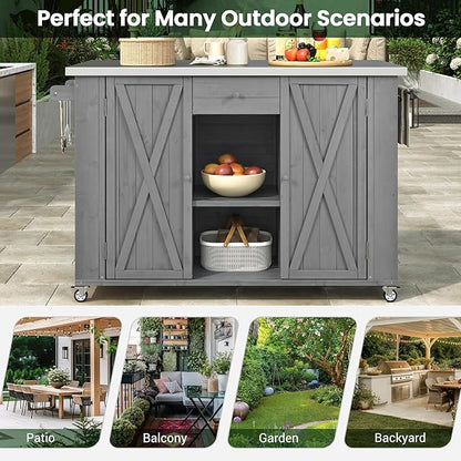 52.25" W Outdoor Grill Cart with Stainless Steel Tabletop, Patio Kitchen Island Storage Cabinet for BBQ, Bar