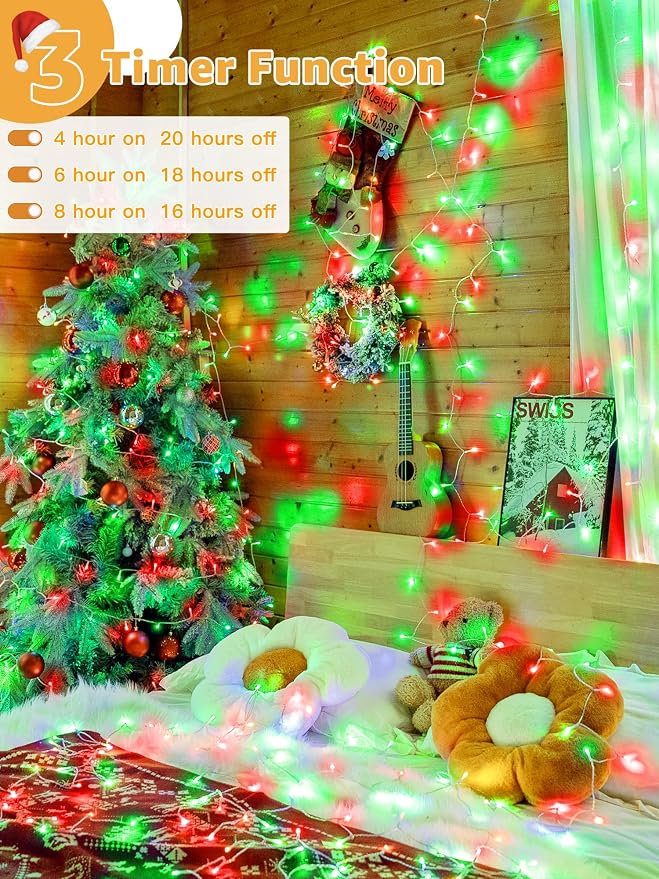 Guhope Christmas Lights 600 LED 98FT, Waterproof Outdoor String Lights with Remote and Timer, 8 Modes Dimmable Fairy Lights for Indoor Outdoor Wedding Party Holiday Decorations (Red and Green)