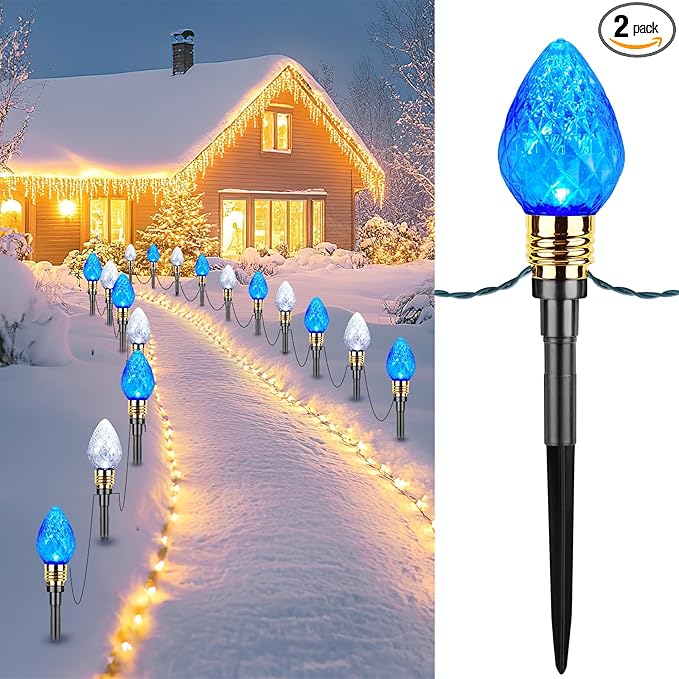 Brightown 2 Pack Strawberry C9 Christmas Pathway Lights Outdoor - Total 34.8 Feet 20 LED Christmas Walkway Lights, Christma Light Outdoor Decorations for Yard Lawn Holiday Outside, Blue & Pure White