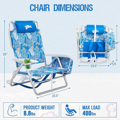 Old Bahama Bay Backpack Beach Chair, Aluminum Lightweight Reclining 5-Position Lounge Chair for Adults Heavy Duty Support 400 LBS Portable Folding with Cooler Bag Camping Chair for Sand Outdoor