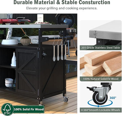 50.25" W Black Grill Cart with Stainless Steel Tabletop - Outdoor Storage Cabinet for BBQ, Bar Patio Kitchen Island with Ample Storage and Lockable Wheels
