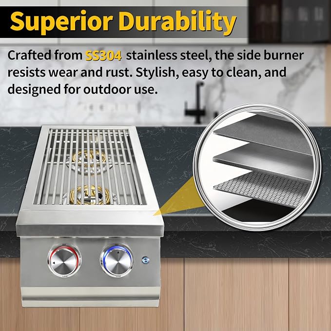 Double Side Burners for Outdoor Grill, Heavy-Duty 304 Stainless Steel | 2x17,000BTU Liquid Propane Side Burner with Cast Brass Burner, Built-in Side Burners with LED for Outdoor Kitchen BBQ Island