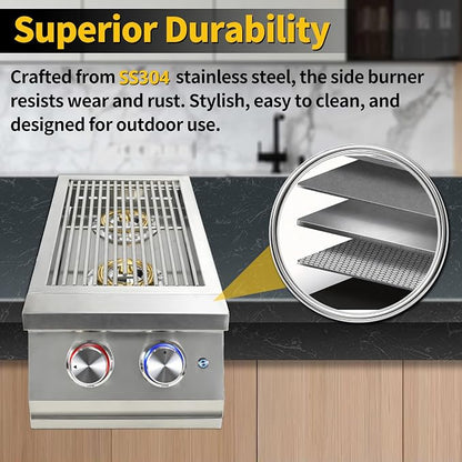 Double Side Burners for Outdoor Grill, Heavy-Duty 304 Stainless Steel | 2x17,000BTU Liquid Propane Side Burner with Cast Brass Burner, Built-in Side Burners with LED for Outdoor Kitchen BBQ Island