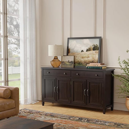 SIMPLIHOME Connaught 67" Sideboard Cabinet in Dark Chestnut Brown | Traditional 4-door dining room buffet with 2 drawers and adjustable shelves for organized kitchen or living room storage.