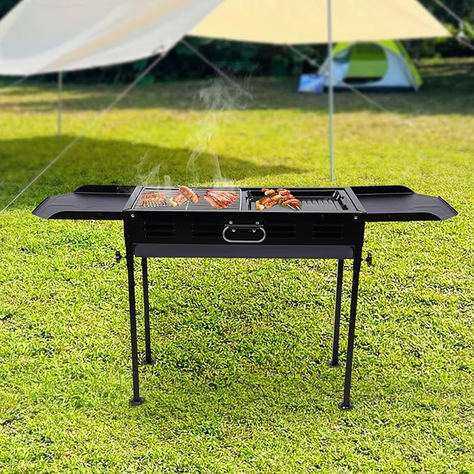 Portable Charcoal Grill, Freestanding Outdoor BBQ Grill, Adjustable Height(23.62-29.13in) Camping Charcoal Grill for 2-15 People, 2 Collapsible Trays, 26.1x11.8in BBQ Area for Picnics, RV Trips