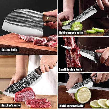 ZENG 8 Pieces Butcher Knife Set with Roll Bag, Chef Knife Set for Meat Cleaver Cutting & Viking Knives with Ergonomic Handles, Stainless Steel Hand Forged Kitchen Knife Set for Home, Cooking, Camping