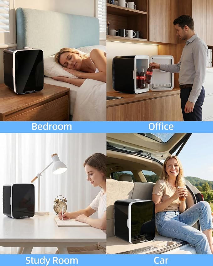 Antarctic Star 10L Compact Mini Fridge, 2.6 Gal Portable Small Refrigerator | Small Desktop Fridge with AC/DC Adapters, Cosmetics Cooler for Beverage, Food, Skincare, Bedroom, Office, Dorm, Black