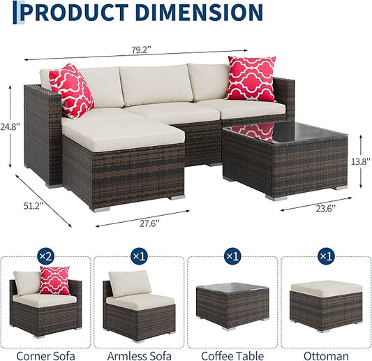 5-Piece Outdoor Sectional Sofa Set, All-Weather PE Rattan Patio Furniture with Ottoman & Tempered Glass Table, Convertible Garden Couch for Backyard, Porch, Poolside (Brown/Beige)