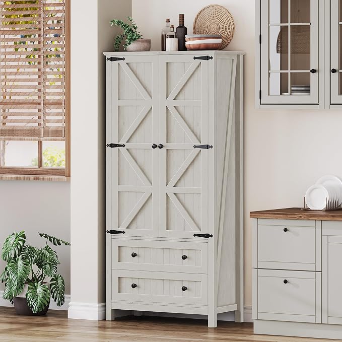 YITAHOME 64.5" Farmhouse Pantry Cabinet with 2 Drawers & Shelves, White | Tall Storage Cupboard for Living Room, Kitchen, and Hallway