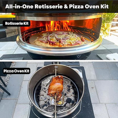 onlyfire Stainless Steel Multi-purpose Rotisserie and Pizza Combo Kit for Weber 22-Inch Kettle Charcoal Grills - Include Pizza Peel and Pizza Stone