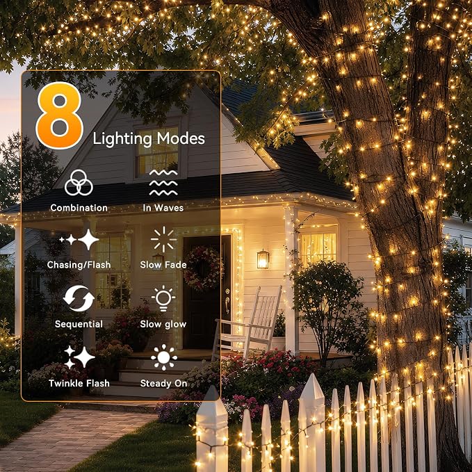 Solar String Lights Outdoor 2 Pack Total 66FT 200LED Solar Fairy Lights Waterproof 8 Modes Twinkle Solar Lights for Patio, Garden Yard Party Wedding Tree Christmas Halloween Decoration, Warm White