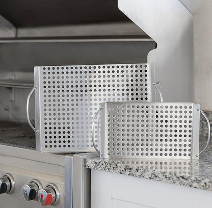 Outset Stainless Steel Grill Topper Grid, Set of 2, 11"x7" and 11"x17" BBQ Basket Trays