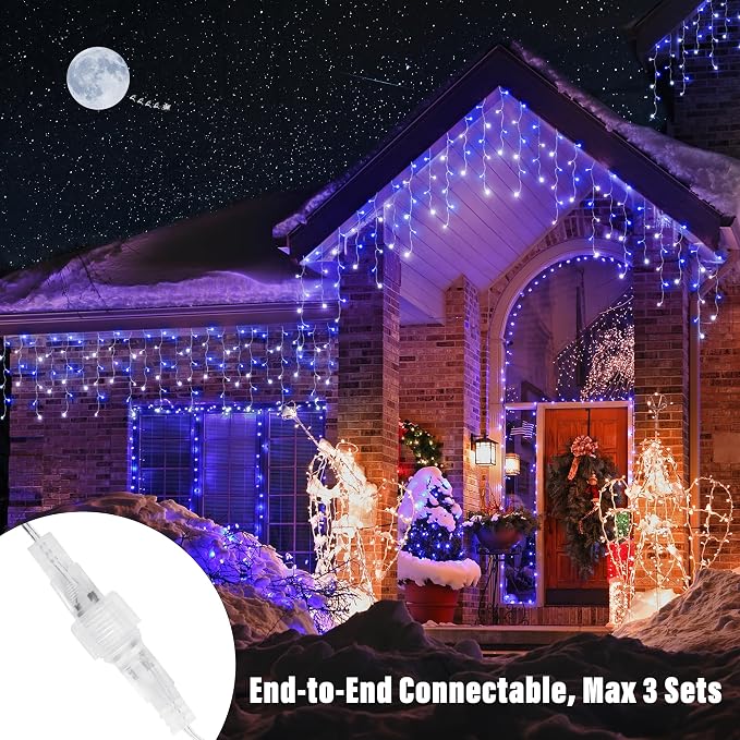 Joomer 33FT Christmas Icicle Lights Outdoor Connectable White & Blue | 50 Drops 8 Modes Timer Waterproof Plug-in String Light for Christmas Party, holiday Eaves Roof yard Xmas Decorations