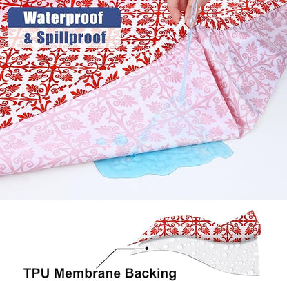 Smiry Picnic Table Cover with Bench Covers, Waterproof Elastic Fitted Tablecloth for 6 Foot Tables, Washable Polyester Tablecloths for Camping, Indoor & Outdoor (Rose Red & White, 30x72 Inch 3-pc Set)