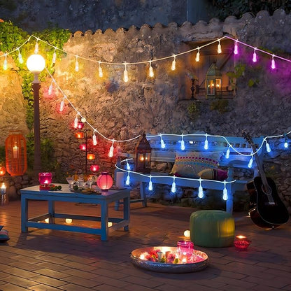 Larkvue 100FT(2x50FT) RGB Solar Outdoor String Lights with Remote, Dimmable Waterproof Patio Lights with 30 Bulbs for Porch Garden Bistro-White Cord