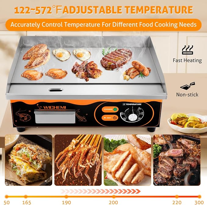 WICHEMI Electric Grill Commercial Griddle Flat Top Grill Teppanyaki Grill | 22" Stainless Steel Electric Griddle, 110V 3000W High Power, Large Cooking Surface, Non-Stick, Collect Grease For Cleanup