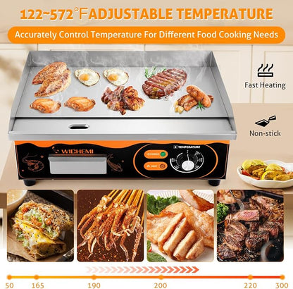 WICHEMI Electric Grill Commercial Griddle Flat Top Grill Teppanyaki Grill | 22" Stainless Steel Electric Griddle, 110V 3000W High Power, Large Cooking Surface, Non-Stick, Collect Grease For Cleanup