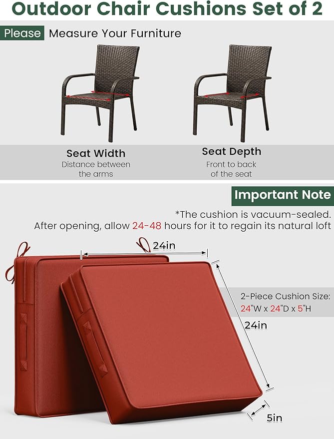 Outdoor Chair Cushion 24 x 24 x 5 Inches Patio Furniture Outdoor Waterproof Seat Cushion, Patio Chair Cushion with Handles and Ties, Square Dining Chair Cushion Set of 2, Terra Red