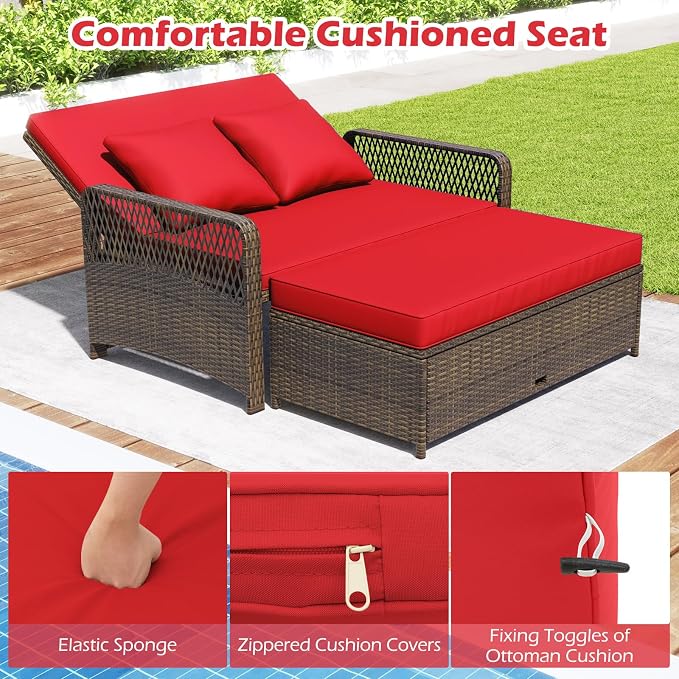 Tangkula Patio Adjustable Wicker Daybed, Rattan Loveseat & Storage Ottoman w/ 4-Level Backrest & Soft Cushions, Space-Saving 2-Person Sun Lounger for Backyard, Porch (Red)