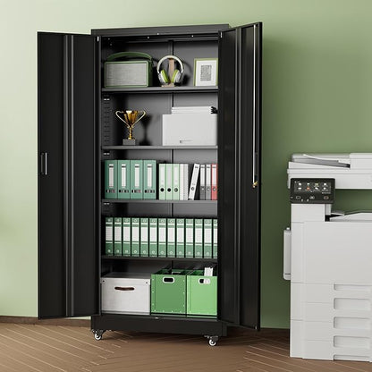 INTERGREAT 73" H Metal Storage Cabinet with Wheels, Locking Doors and Adjustable Shelves, Black Rolling Steel Tool Cabinet for Home Office, Garage, Warehouse